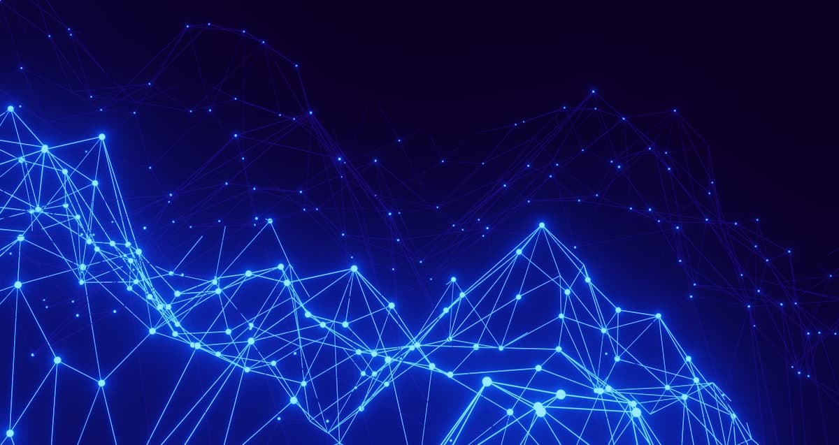 A network of connected nodes and points of light on a deep blue field
